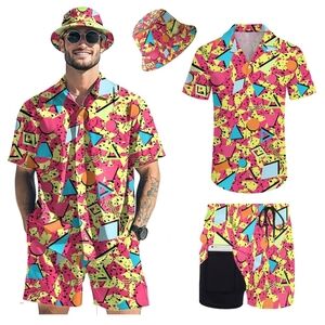 Colorful Geometric Print Shirt and Shorts Set with Hat Size Medium